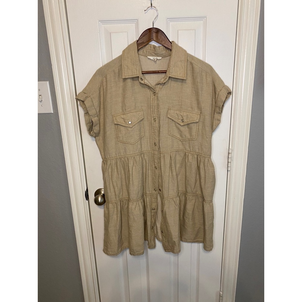 Easel Los Angeles Tan Cotton Tiered Babydoll Shirt Dress Small Boho Festival